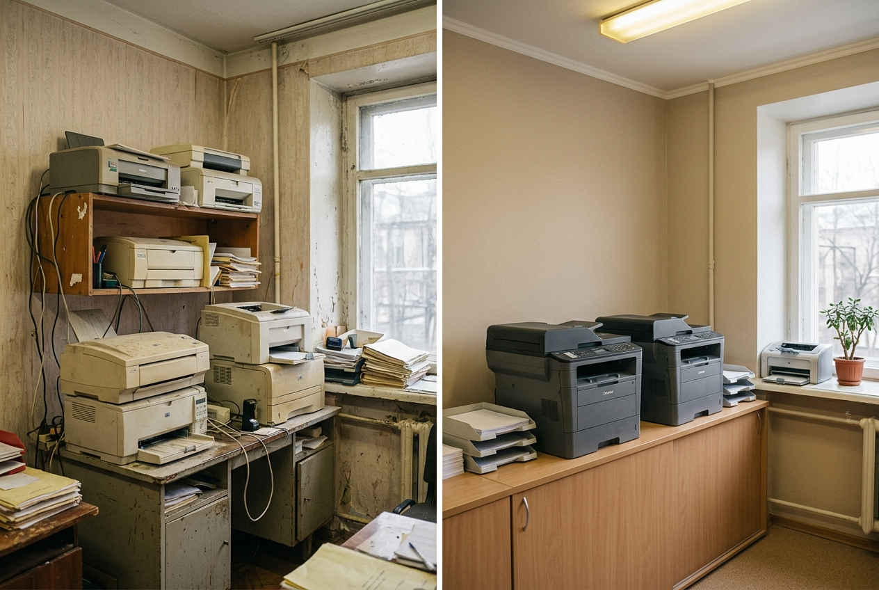 До и после: груда старых принтеров против аккуратной зоны с двумя новыми МФУ