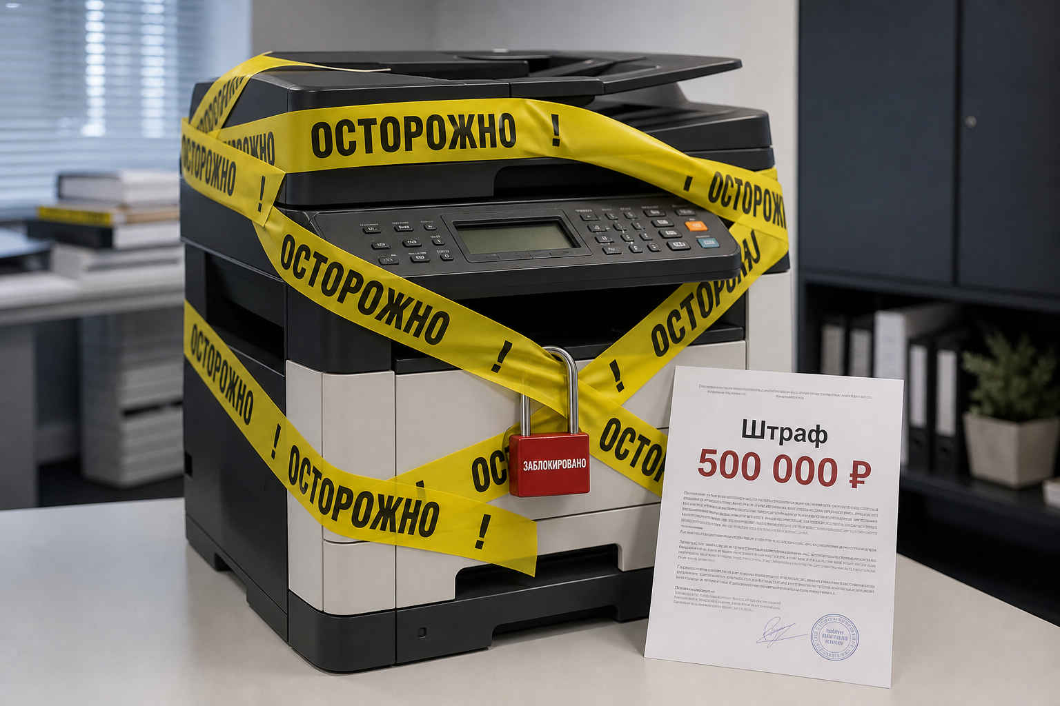 Офисный МФУ, обмотанный лентой «Осторожно» с замком «Заблокировано» и предписанием о штрафе 500 000 рублей