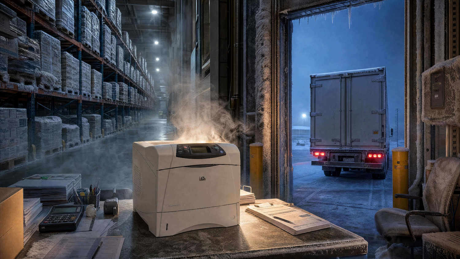 Принтер HP LaserJet 4350 на морозном складе, от него идёт пар