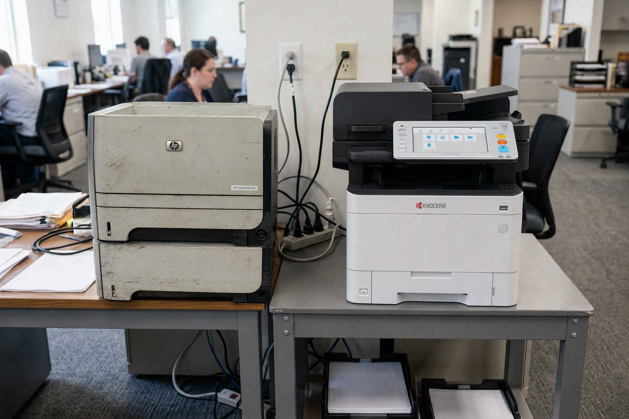 Новый принтер Kyocera ECOSYS стоит рядом со старым HP во время параллельной работы