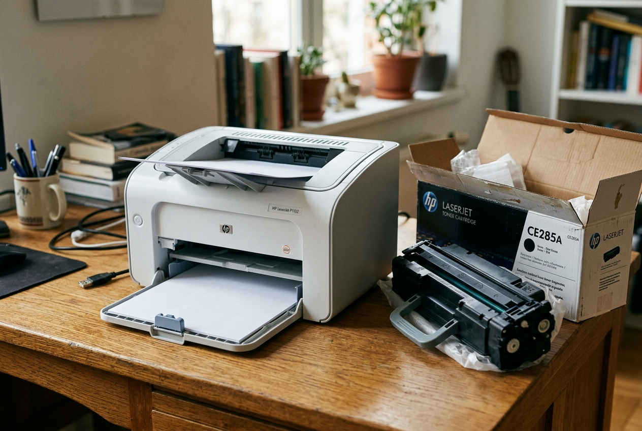 Домашний лазерный принтер HP LaserJet P1102 и совместимый картридж CE285A в коробке рядом