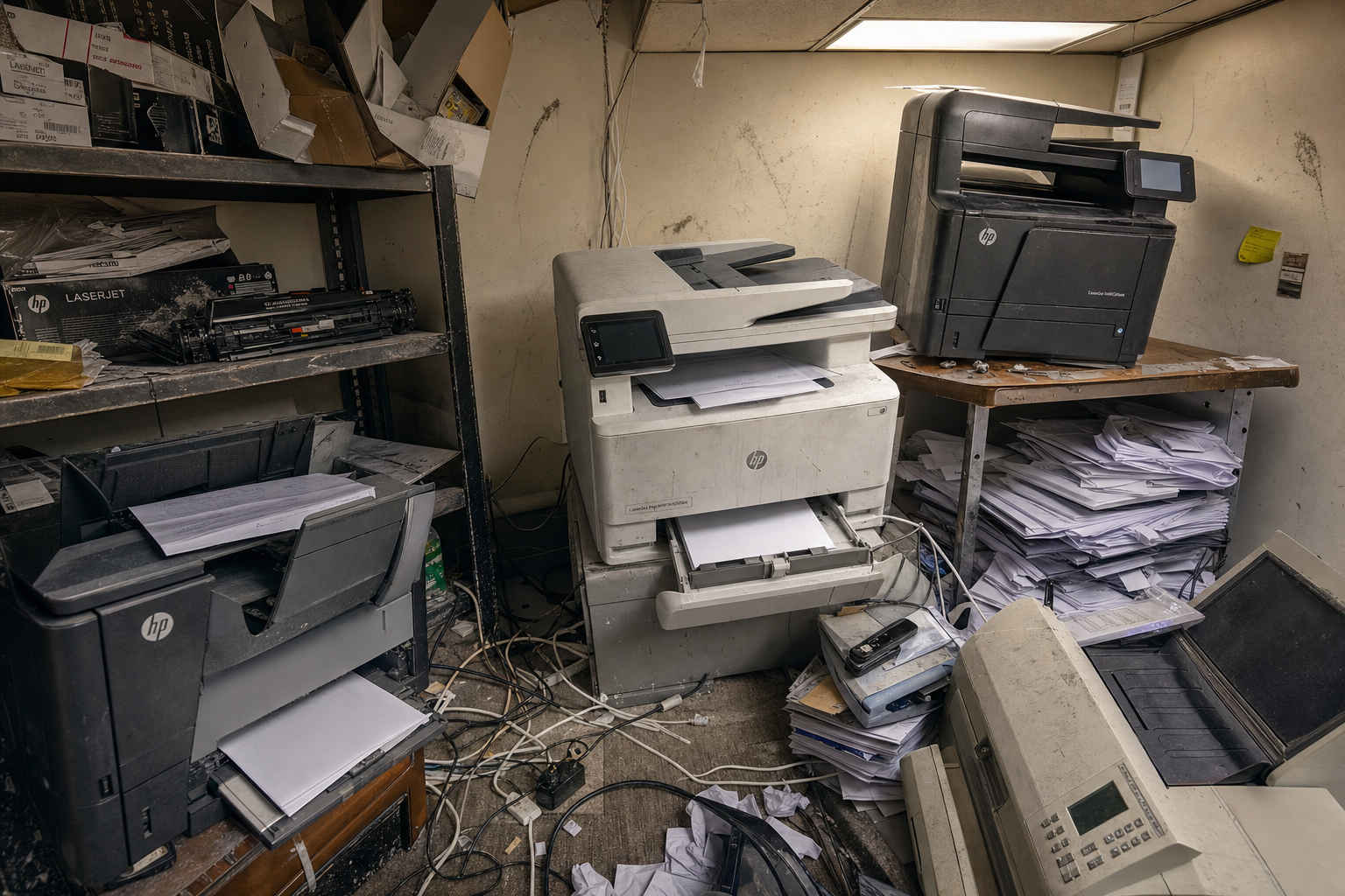 Захламлённый угол офиса с изношенными принтерами HP и стопками бумаги