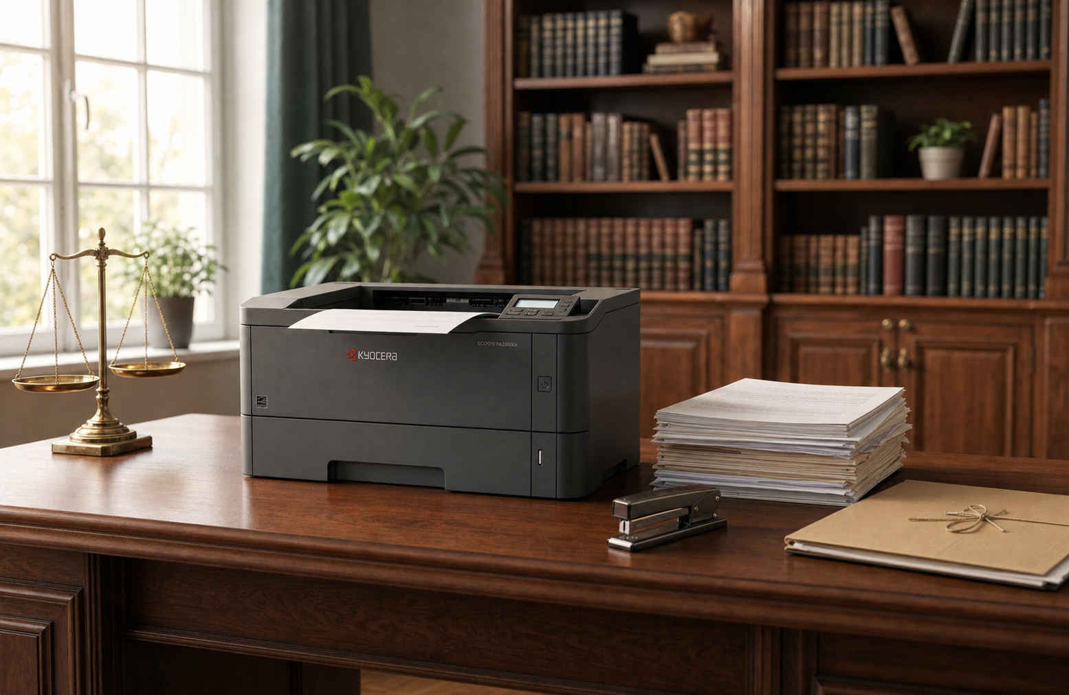 Лазерный принтер Kyocera ECOSYS в кабинете юридической фирмы рядом с весами правосудия